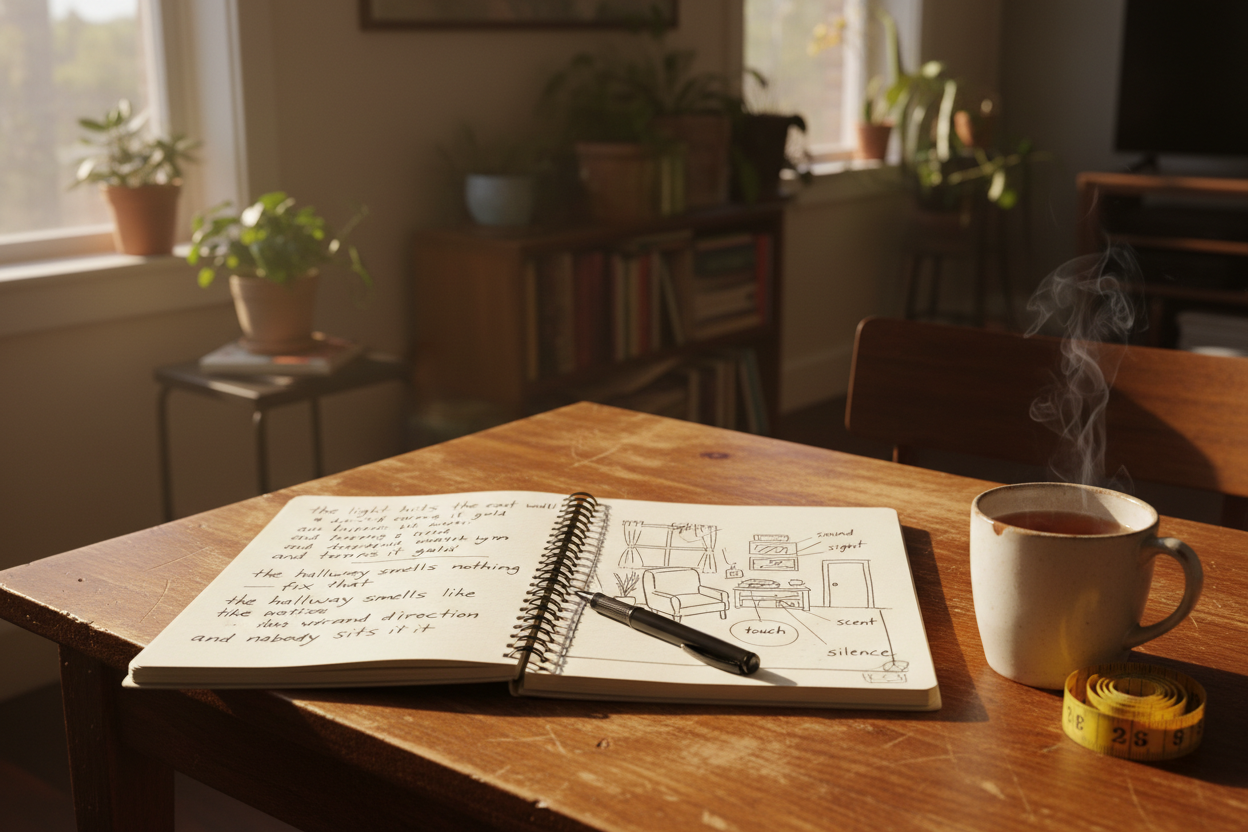 notebook open on a wooden table with handwritten five senses observations