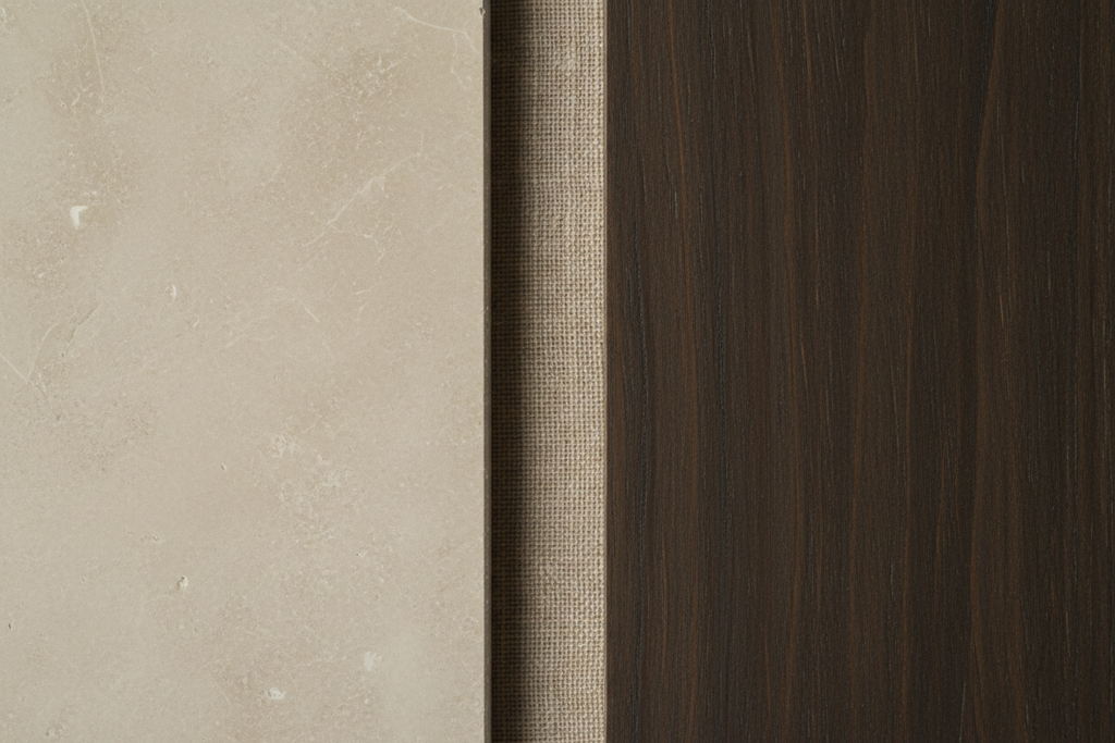 close-up of honed limestone, Belgian linen, and dark oak with matte oil finish — material relationships edge to edge