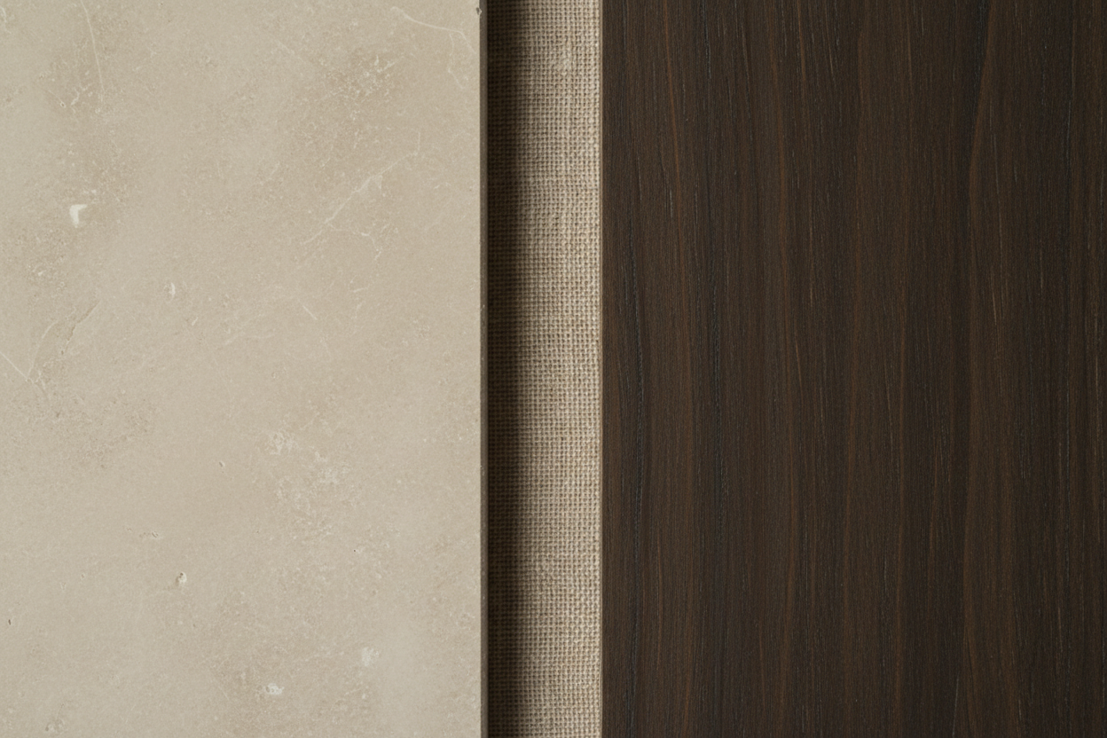 close-up of honed limestone, Belgian linen, and dark oak with matte oil finish — material relationships edge to edge