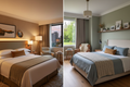 split composition — Omni Louisville hotel guestroom alongside a residential bedroom sharing the same design intelligence