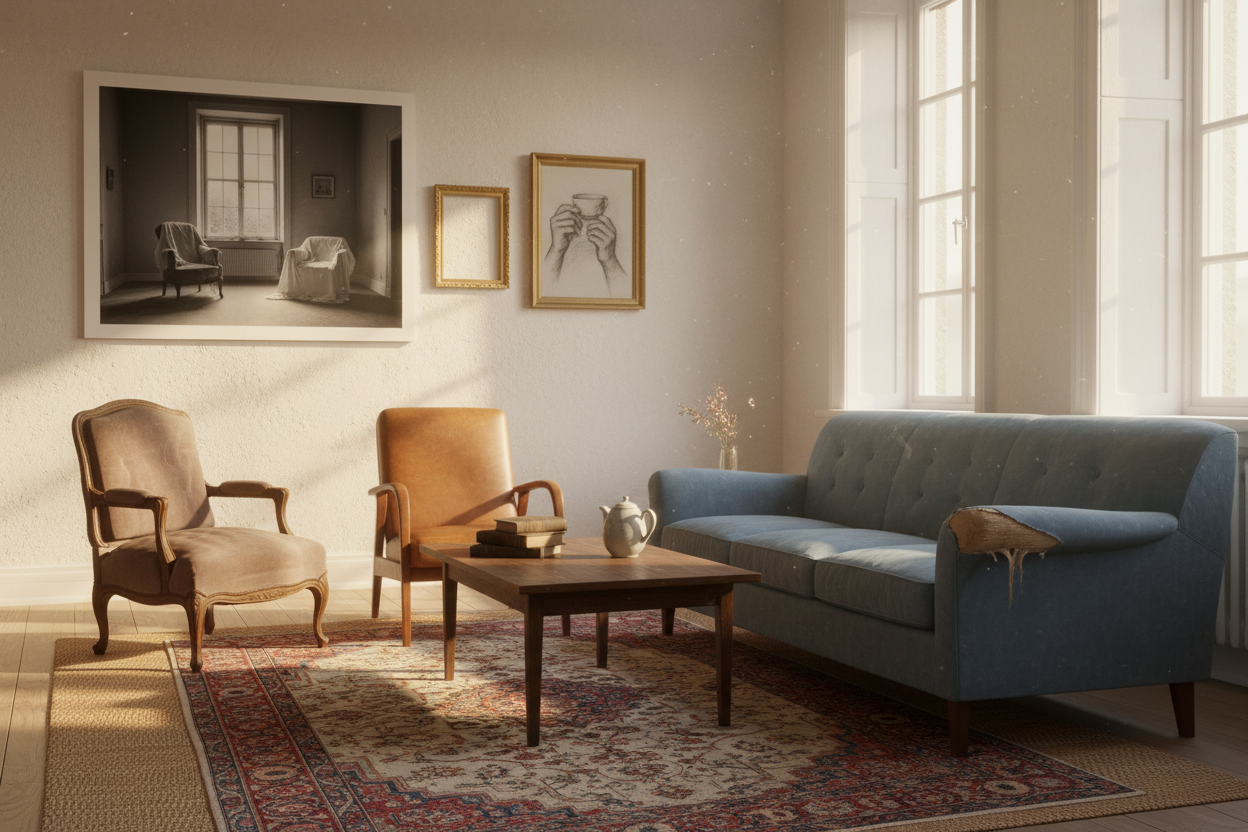 a beautifully composed room — two chairs facing a sofa, layered rugs, curated wall art, intentional arrangement