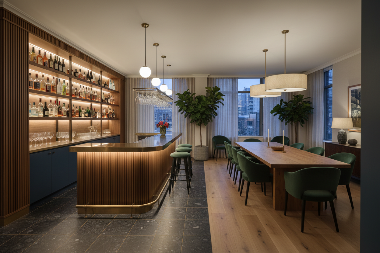 a home bar and dining area designed with hospitality intelligence — warm lighting, intentional arrangement, threshold between zones