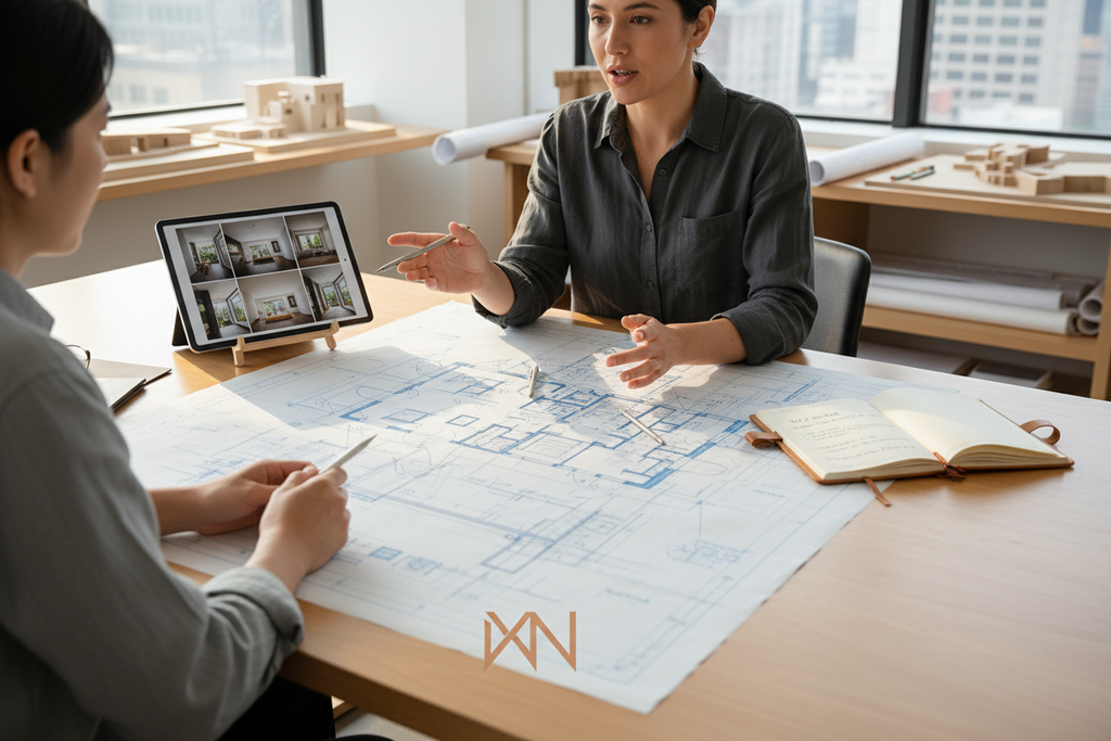 a w+n designer at a worktable with floor plans, tracing paper overlays, and a notebook — the blueprint method in action