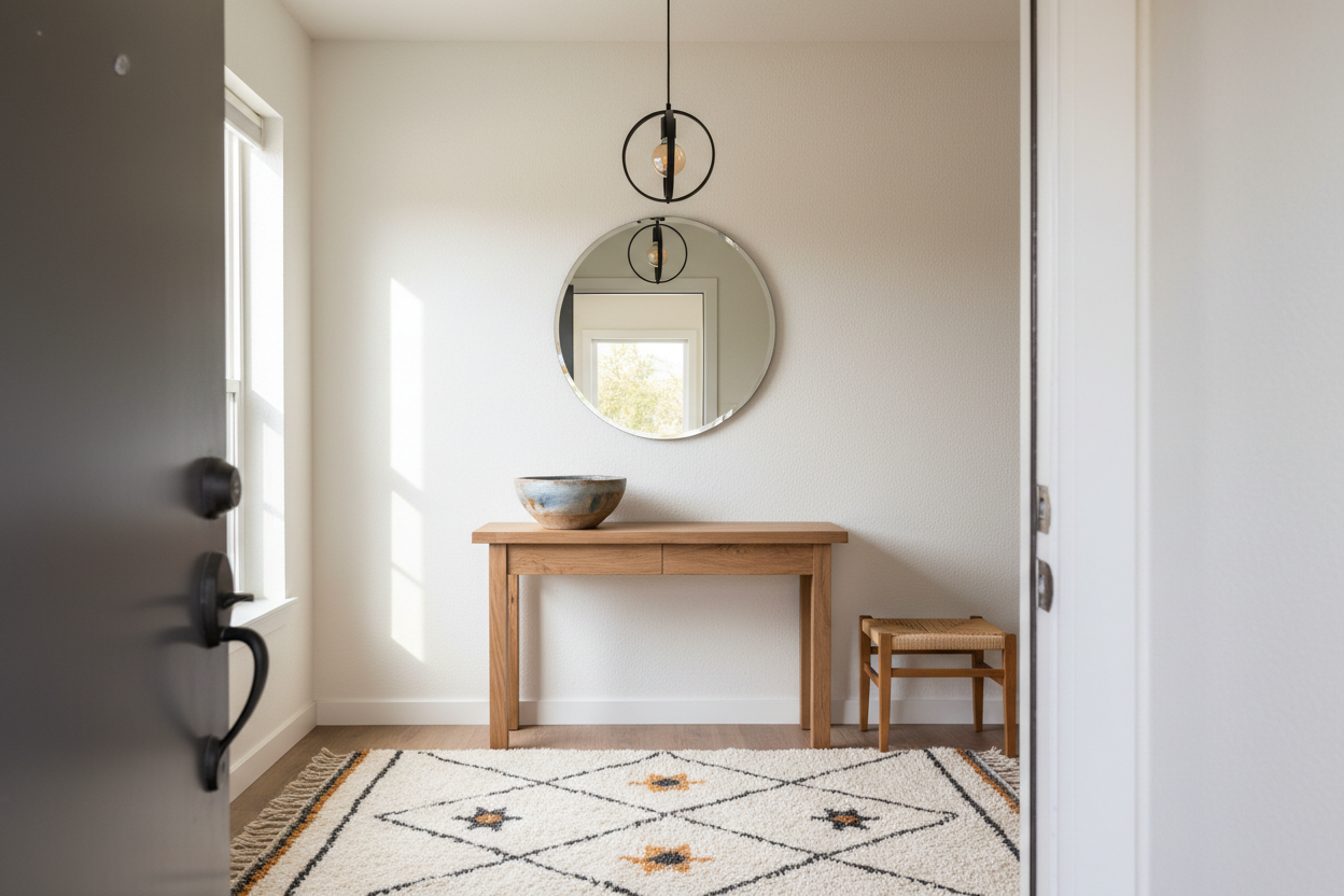 a residential entryway from the front door — console table, handmade ceramic bowl, mirror, chair, rug, centered light fixture
