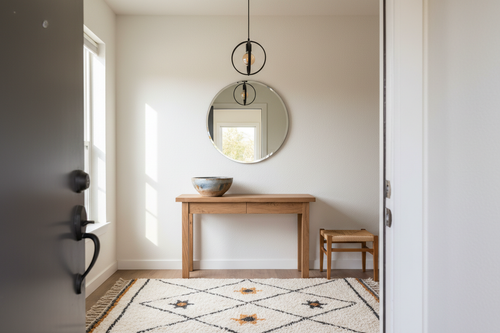 a residential entryway from the front door — console table, handmade ceramic bowl, mirror, chair, rug, centered light fixture