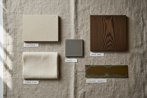 flat lay of five material samples on raw linen cloth