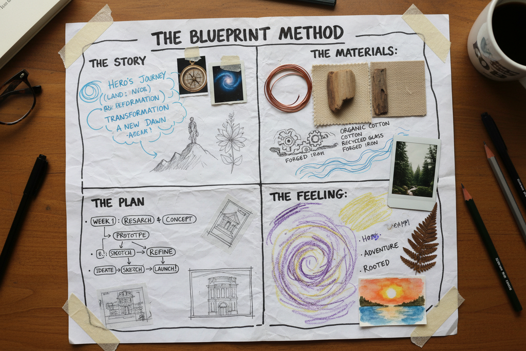 close-up of the blueprint method worksheet — four quadrants filled with handwritten notes, sketches, and reference images
