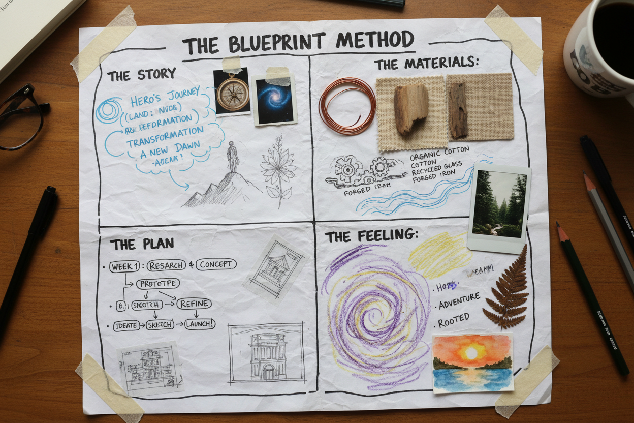 close-up of the blueprint method worksheet — four quadrants filled with handwritten notes, sketches, and reference images