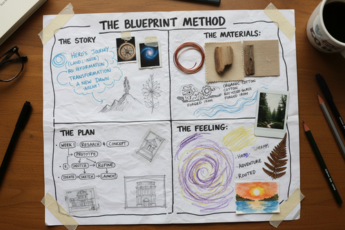 close-up of the blueprint method worksheet — four quadrants filled with handwritten notes, sketches, and reference images