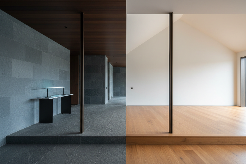 a threshold detail — flooring change, ceiling shift, console table, change in light temperature — the architectural pause between entry and living space