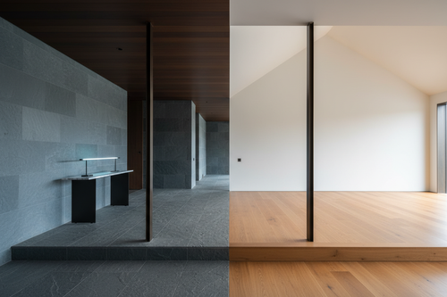 a threshold detail — flooring change, ceiling shift, console table, change in light temperature — the architectural pause between entry and living space