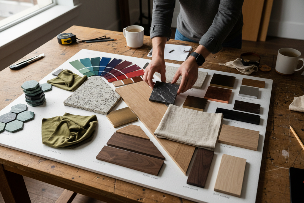 a w+n material board in progress — stone samples, wood finishes, metal patinas, fabric memos, and paint chips in deliberate composition