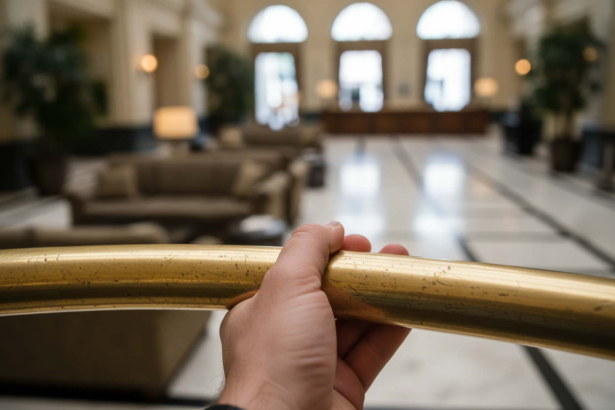 hand holding brass handrail in hotel lobby, materials telling the story of a room