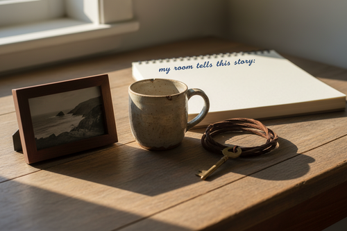 desk with three meaningful objects and open notebook titled my room tells this story